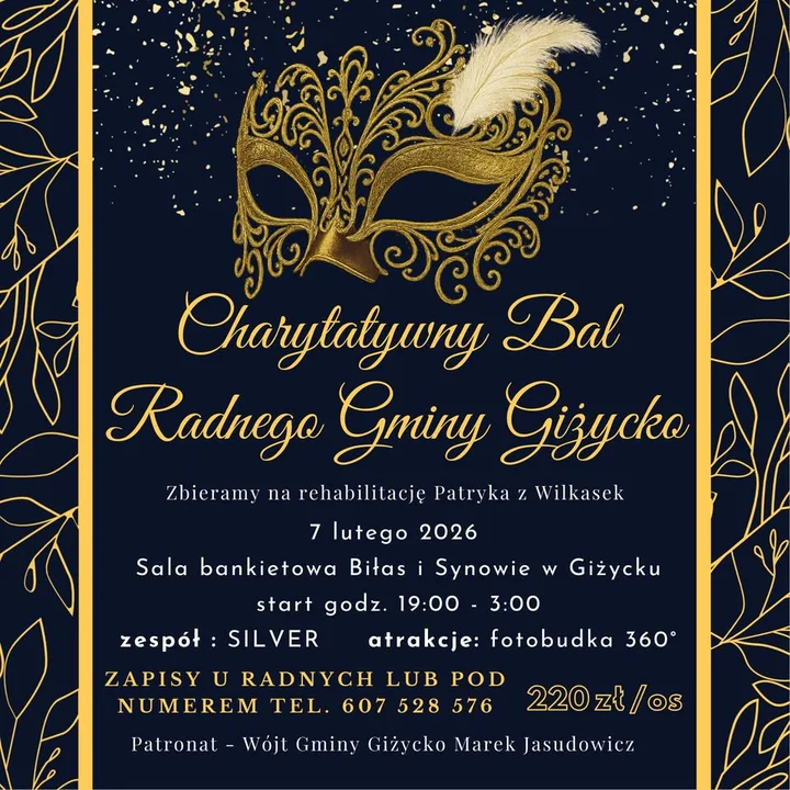 Grafika promocyjna wydarzenia Charytatywny Bal Radnego Gminy Giżycko — wieczór pomocy i zabawy dla Patryka