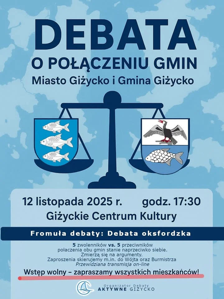 Grafika promocyjna wydarzenia Debata o połączeniu Miasta Giżycka i Gminy Giżycko