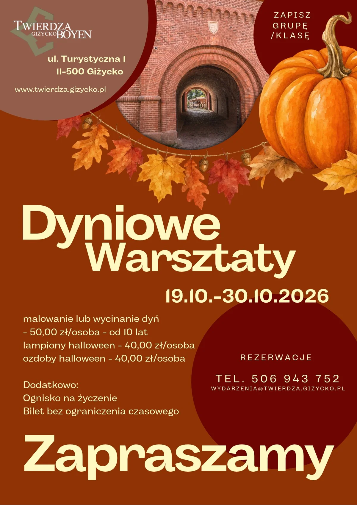Grafika promocyjna wydarzenia Dyniowe warsztaty w Twierdzy Boyen w Giżycku