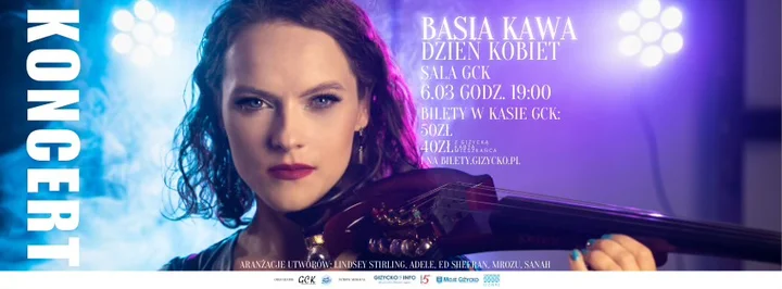 Grafika promocyjna wydarzenia Dzień Kobiet — koncert Basi Kawy w Giżyckim Centrum Kultury