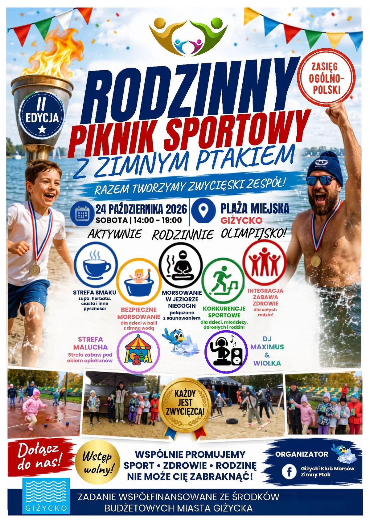 Grafika promocyjna wydarzenia II Rodzinny Piknik Sportowy z Zimnym Ptakiem w Giżycku