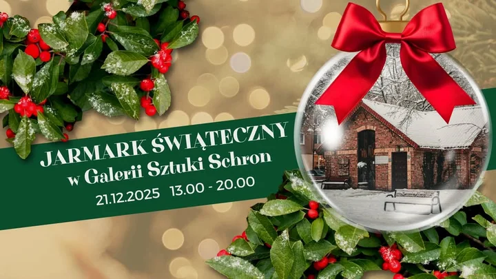 Grafika promocyjna wydarzenia Jarmark Świąteczny w Galerii Sztuki Schron — kameralne święta przy kominku