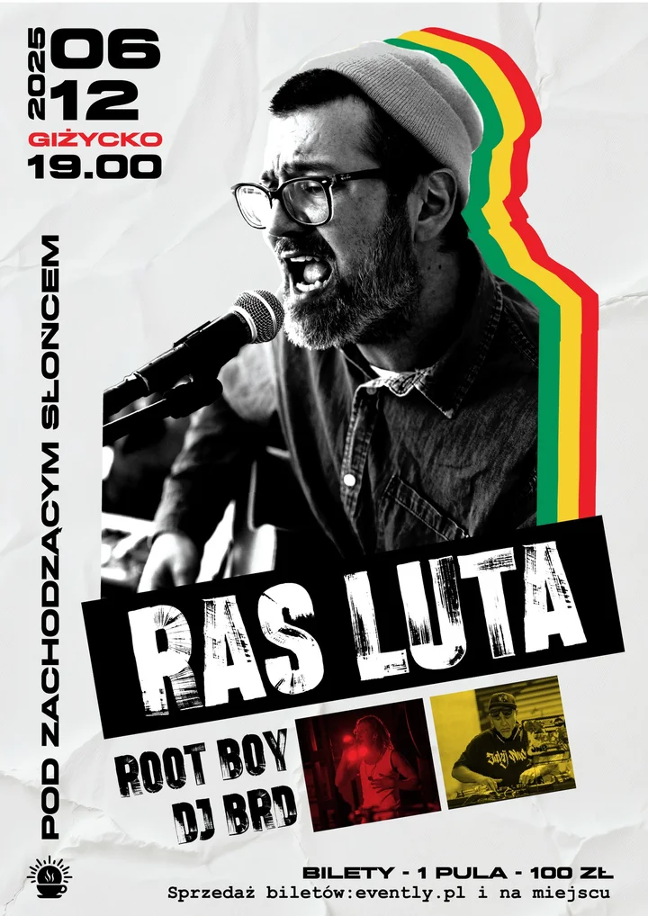 Grafika promocyjna wydarzenia Ras Luta — „Pod zachodzącym słońcem”: koncert w Giżycku