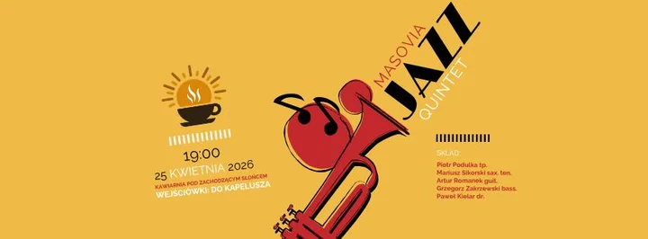 Grafika promocyjna wydarzenia Masovia Jazz Quintet w Giżycku — koncert na żywo z wstępem do kapelusza