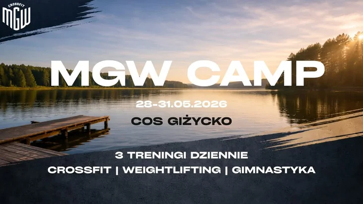 Grafika promocyjna wydarzenia MGW CAMP GIŻYCKO. Cztery dni treningu i regeneracji nad jeziorem