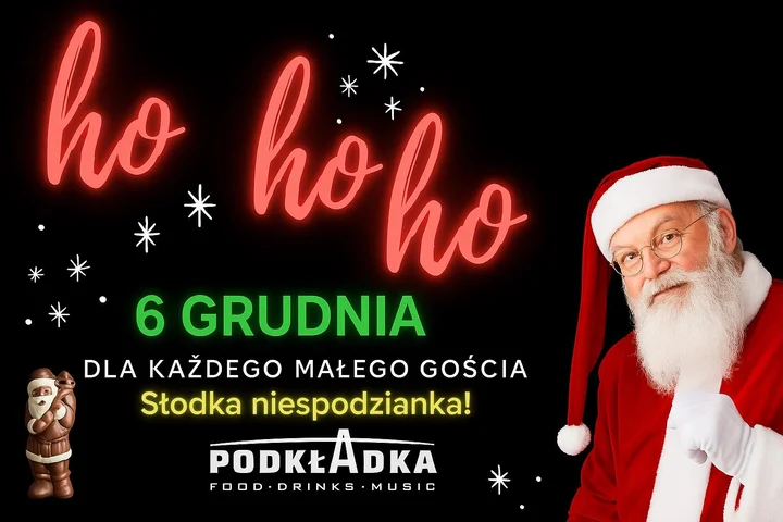 Grafika promocyjna wydarzenia Mikołajki w Podkładce — rodzinna zabawa i słodkie prezenty