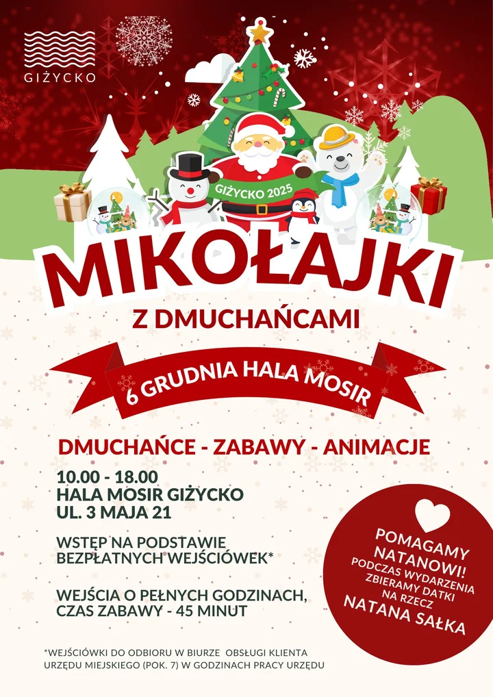 Grafika promocyjna wydarzenia Mikołajki z dmuchańcami w Hali MOSiR Giżycko