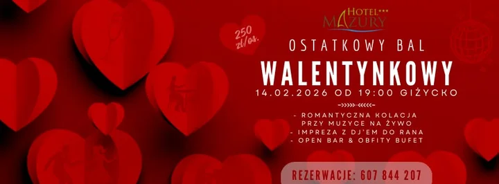Grafika promocyjna wydarzenia Ostatkowy Bal Walentynkowy – Hotel Mazury Giżycko