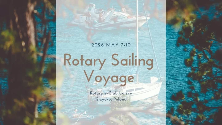 Grafika promocyjna wydarzenia Rotary Sailing Voyage 2026 — żeglarska flotylia Rotary na Mazurach