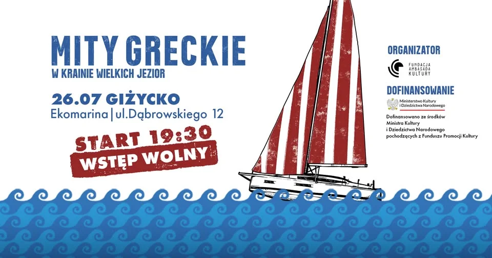 Grafika promocyjna wydarzenia Mity Greckie w Krainie Wielkich Jezior w Giżycku