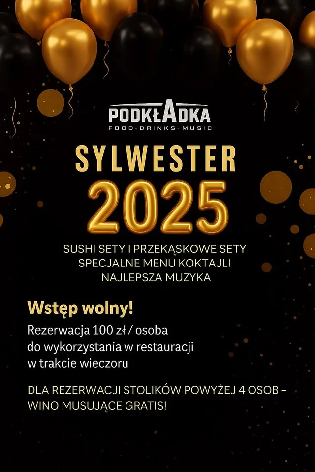 Grafika promocyjna wydarzenia Sylwester 2025–2026 w Podkładce — wieczór z sushi i koktajlami