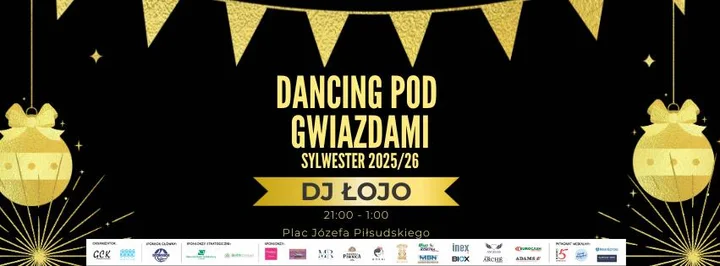 Grafika promocyjna wydarzenia Sylwestrowy DANCING POD GWIAZDAMI – DJ ŁOJO w Giżycku