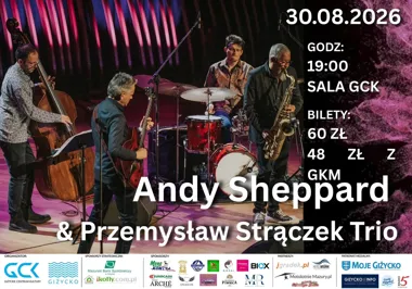 Grafika promocyjna wydarzenia Andy Sheppard & Przemysław Strączek Quartet – światowy jazz w Giżycku