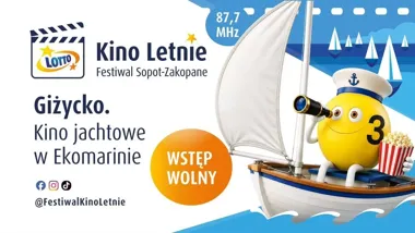 Grafika promocyjna wydarzenia Festiwal LOTTO Kino Letnie w Giżycku: kino na wodzie i letni klimat Mazur