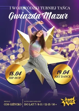 Grafika promocyjna wydarzenia I Wojewódzki Turniej Tańca „Gwiazda Mazur” w Giżycku