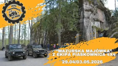 Grafika promocyjna wydarzenia MAZURSKA MAJÓWKA z Ekipa Piaskownica 4x4 — off‑road przez historyczne Mazury