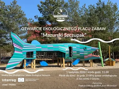 Grafika promocyjna wydarzenia Mazurski Szczupak — otwarcie ekologicznego placu zabaw w Giżycku