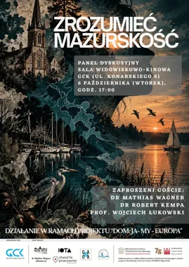 Grafika promocyjna wydarzenia „Zrozumieć mazurskość” – panel dyskusyjny