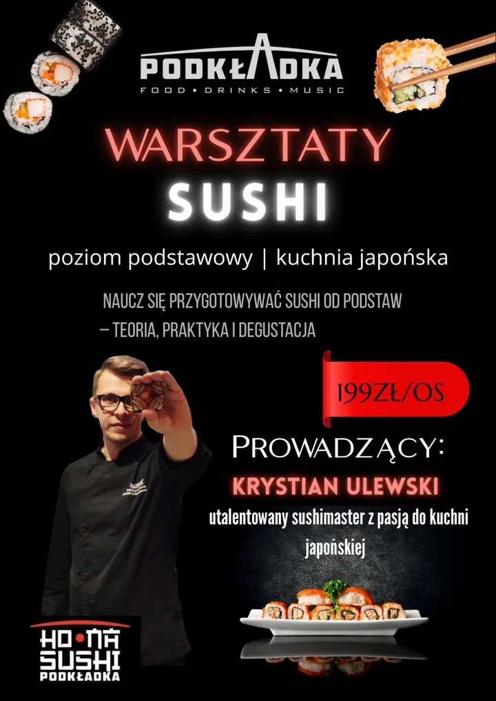 Grafika promocyjna wydarzenia Warsztaty sushi w Podkładce — kurs robienia sushi w Giżycku