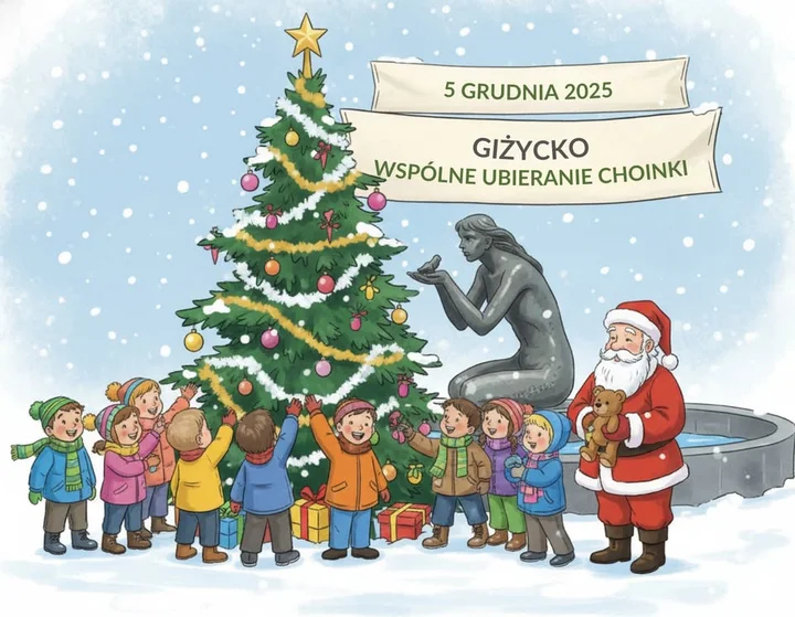 Grafika promocyjna wydarzenia Wspólne Ubieranie Choinki Miejskiej w Giżycku — 5 grudnia, dekoracje, kolędowanie