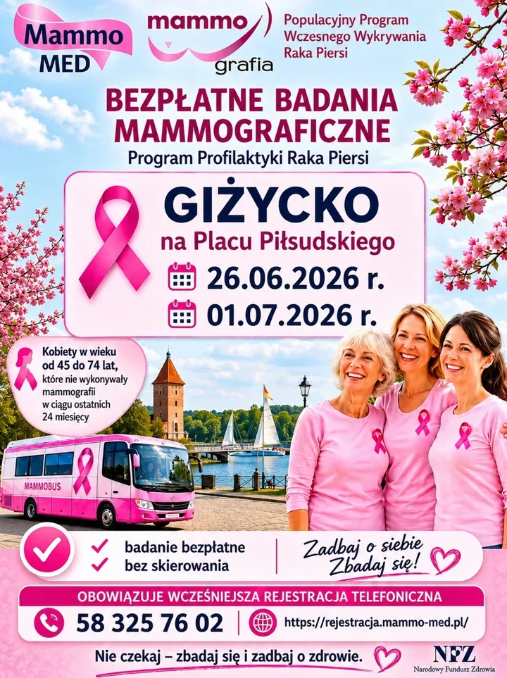 Mammobus stanie na placu w Giżycku – darmowe badania dla kobiet po 45. roku życia