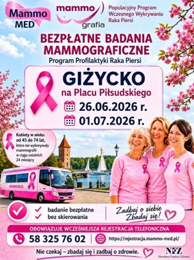 Mammobus stanie na placu w Giżycku – darmowe badania dla kobiet po 45. roku życia