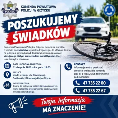 Policja szuka świadków potrącenia rowerzystki na rondzie w Giżycku